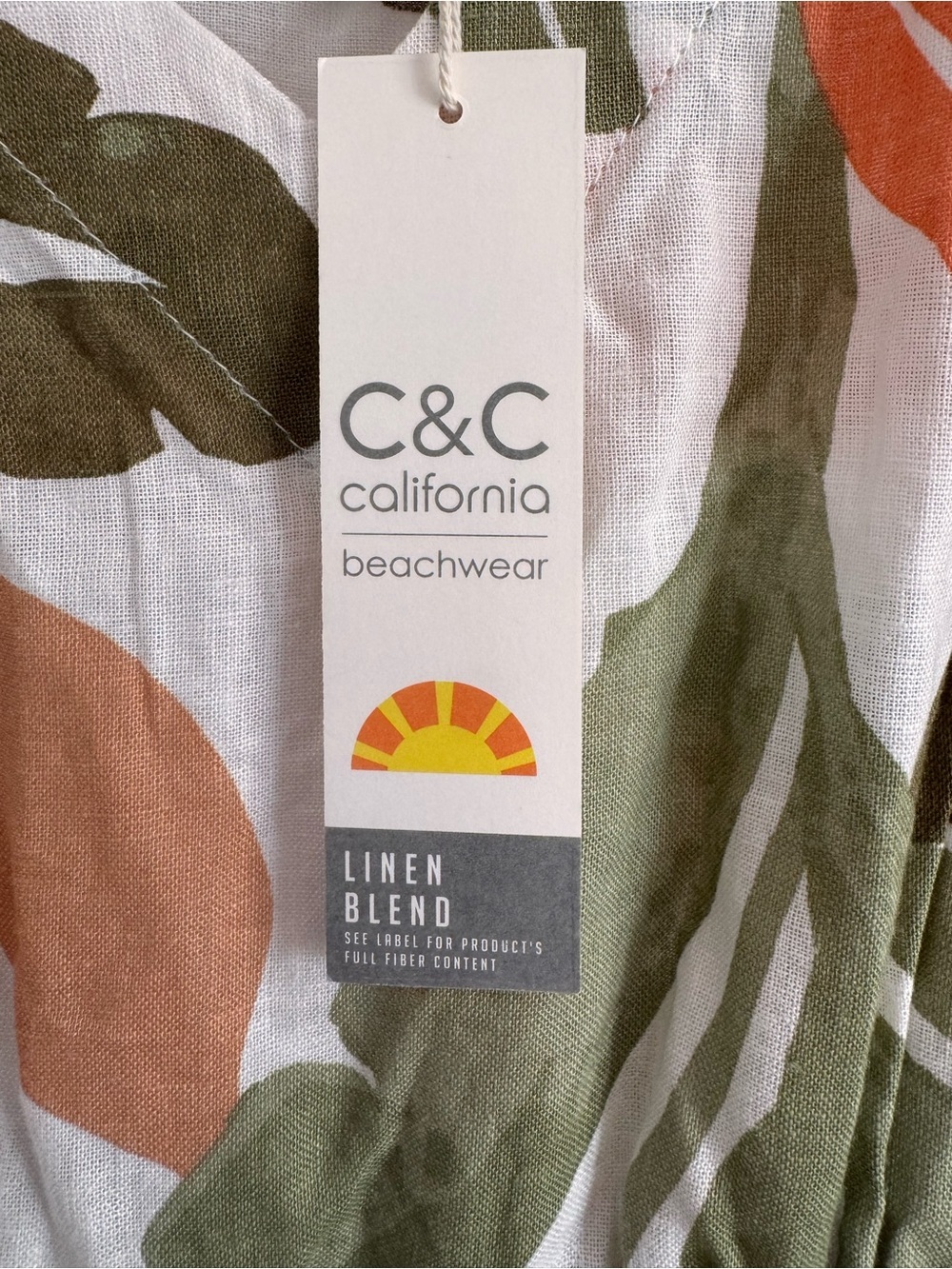 C&C California White with Olive & Coral Leaf Print Tunic Style Swim Coverup - Picture 7 of 11